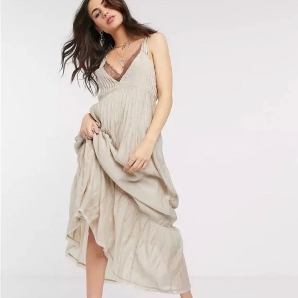 Free People Frankie Pintuck Elegant Tan Halter Dress size Small Petite